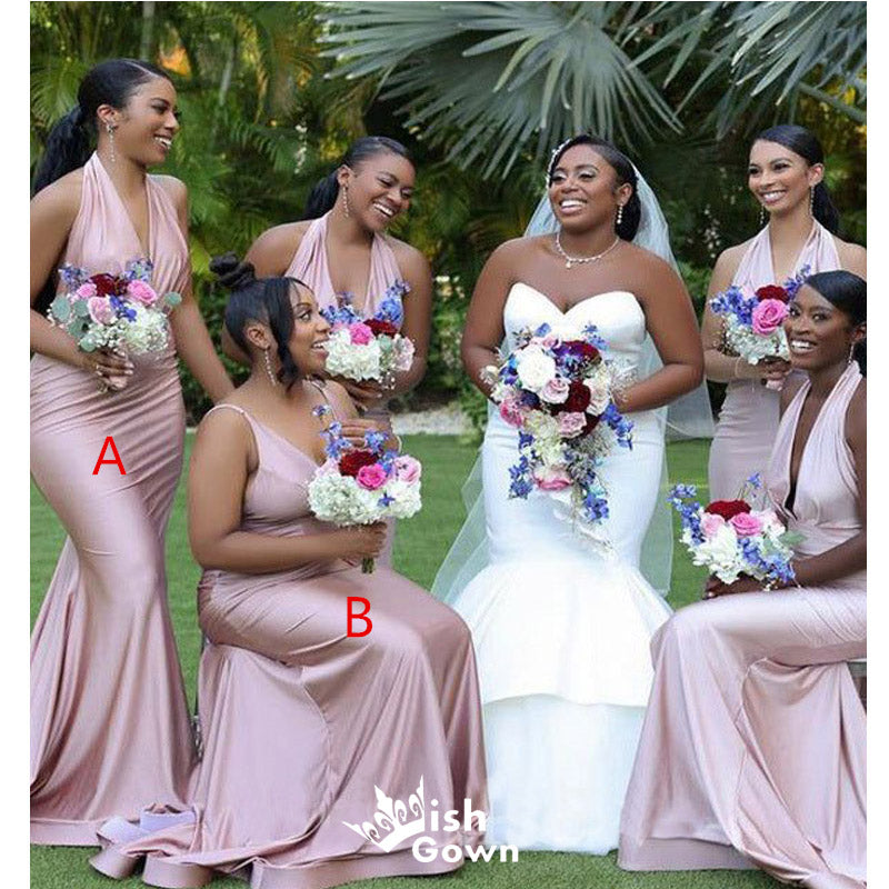 Mismatched Pink Mermaid Halter Maxi Long Wedding Guest Bridesmaid Dresses,WGM187