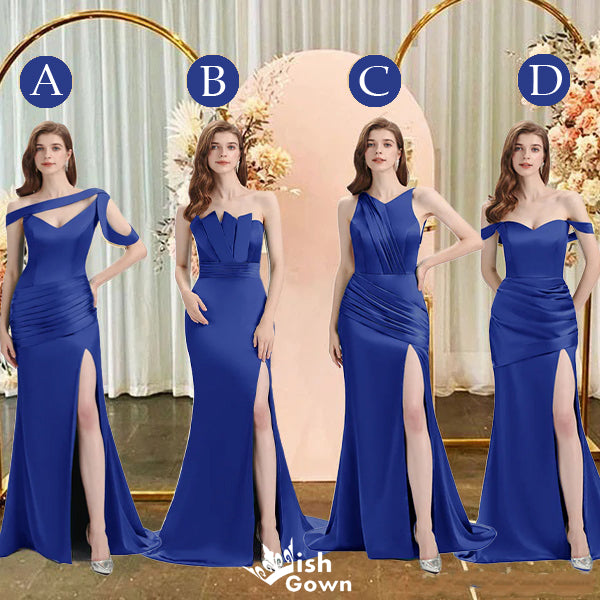 Royal Blue Mermaid Sexy High Slit Burnt Brown Satin Long Bridesmaid Dresses, WGM012