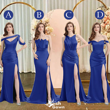 Royal Blue Mermaid Sexy High Slit Burnt Brown Satin Long Bridesmaid Dresses, WGM012
