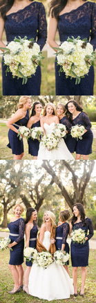 Elegant One Shoulder Long Sleeve Lace Navy Blue Knee Length Short Cheap Bridesmaid Dresses, WG128 - Wish Gown