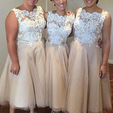 Pretty Iovry Lace Top Tulle Tea Length Affordable Bridesmaid Dresses for Wedding Party, WG166