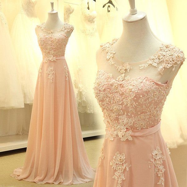 Elegant Peach Applique Chiffon Popular Long Prom Dresses, WG701 - Wish Gown