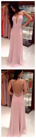 Pink Deep V-Neck Backless Long Pretty Evening Pary Affordable Maxi Prom Dresses, PD0076