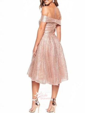 Bling Bling Off-shoulder Sequin Rose Short Homecoming Dresses, EPT119