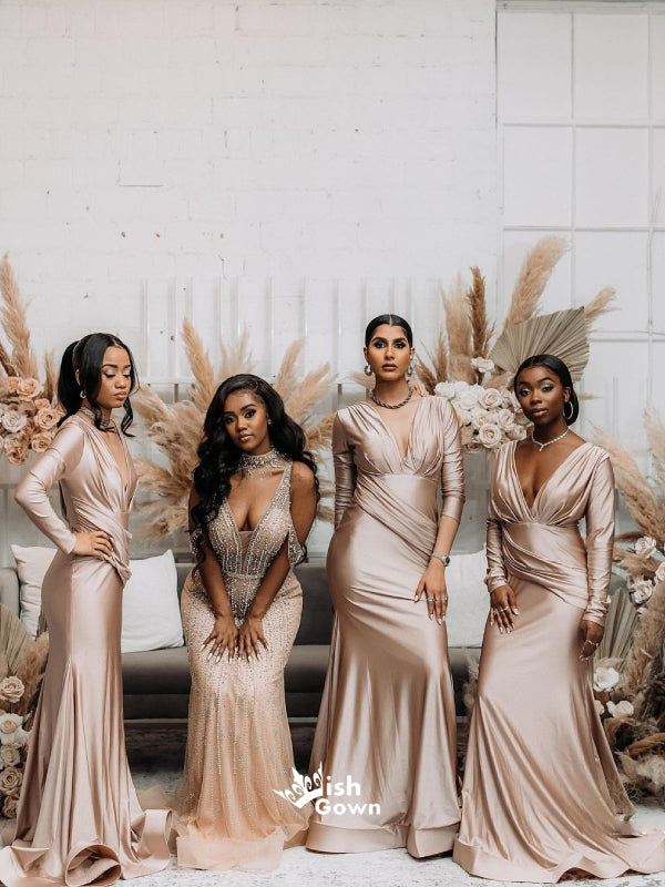 Gorgeous Champagne Gold Multiple Types Pleats Satin Mermaid Bridesmaid Dresses, WGM066