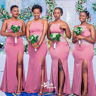 Blush Pink Halter Backless Slits Mermaid Wedding Guest Bridesmaid Dresses, WGM089