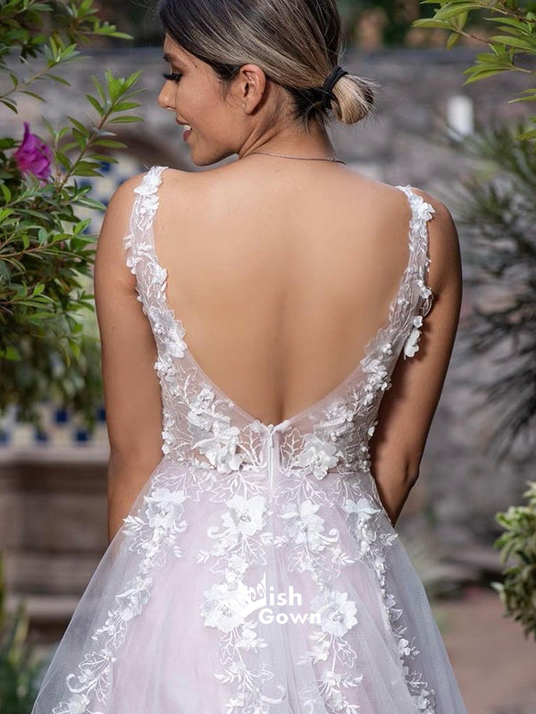 Pale Pink Tulle V-back Appliques Flowers A-line Evening Long Prom Dresses, WGP075