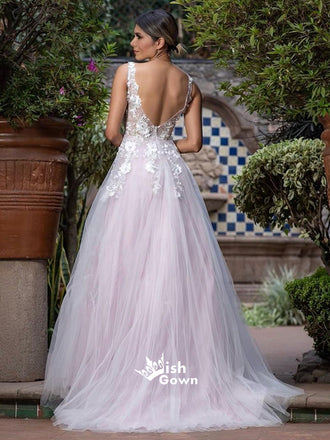Pale Pink Tulle V-back Appliques Flowers A-line Evening Long Prom Dresses, WGP075