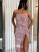 Pink Sequins Strapless High Slits Sheath Evening Gowns Prom Dresses , WGP152