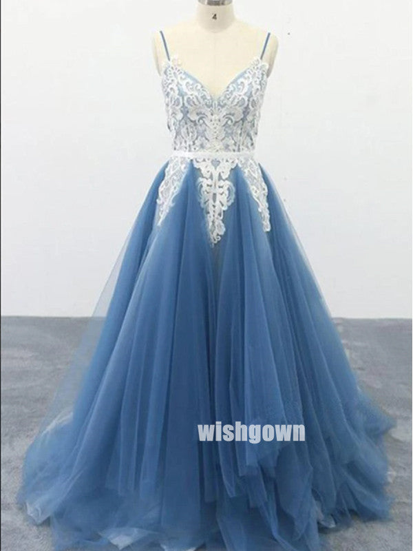 Elegant V-neck Spaghetti Strap Lace Tulle Long Prom Dresses PG1214
