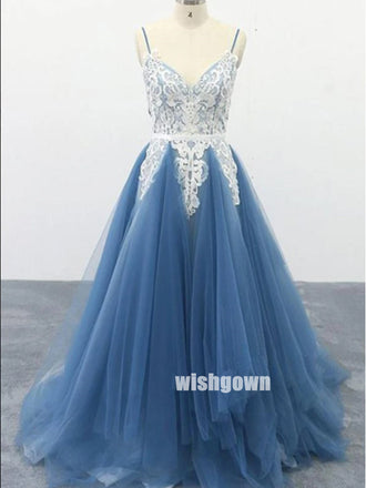 Elegant V-neck Spaghetti Strap Lace Tulle Long Prom Dresses PG1214